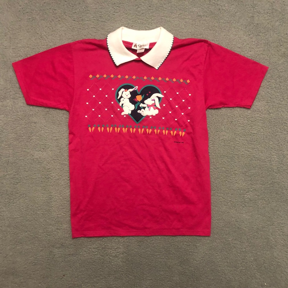 Vintage 1994‎ Cracker Barrel Easter Bunny T-Shirt Red Peter Pan Collar Medium
